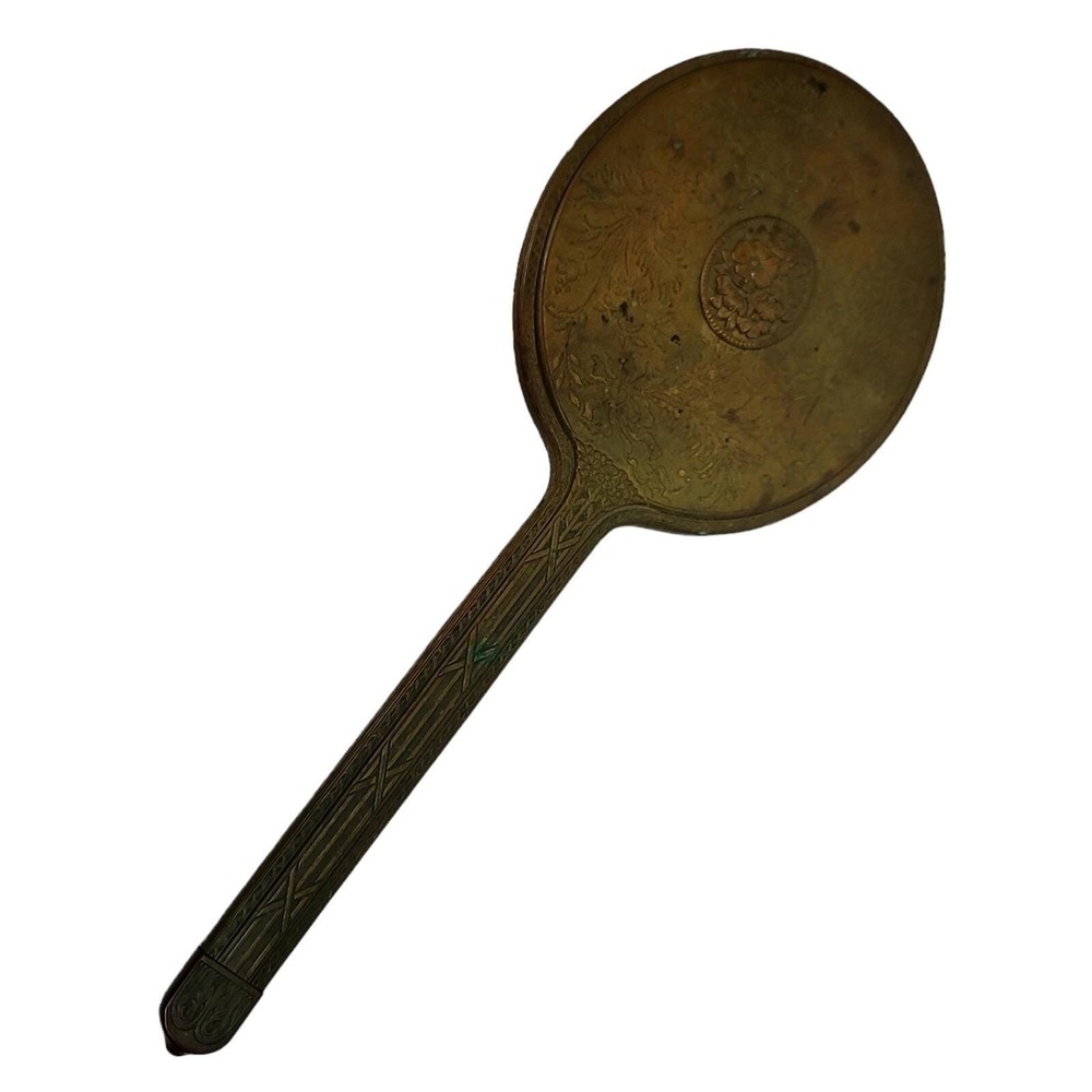 Vintage‎ Brass Floral Hand Mirror Etched Gold Tone Regency Vanity Decor 13 inch